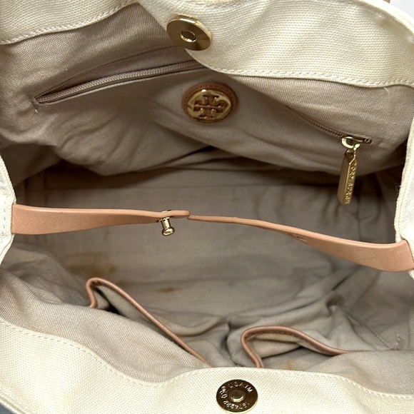 Tory Burch logo color block canvas with leather trim tote